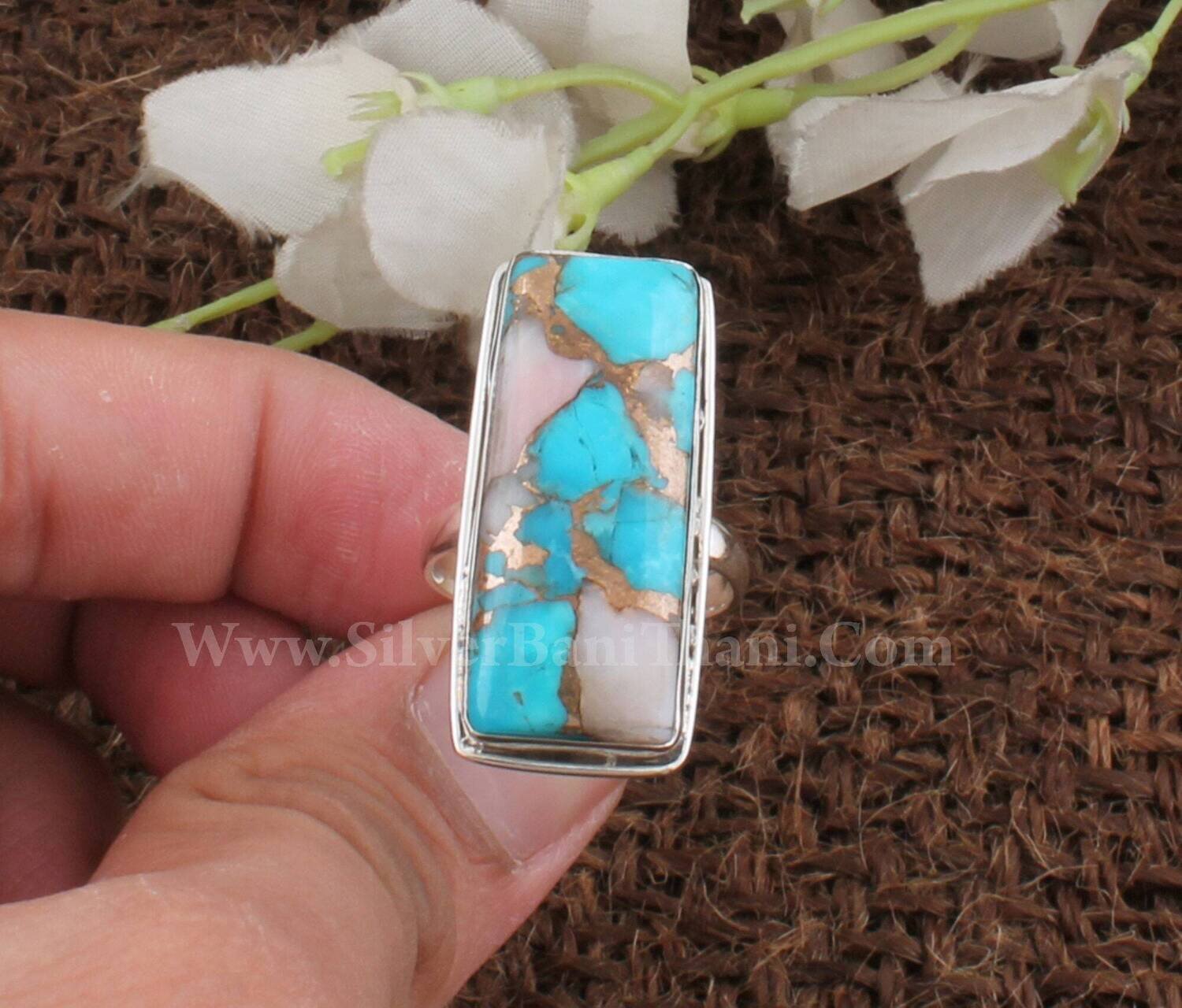 Pink Copper Turquoise Rectangle Shape Gemstone Silver Ring | 925 Sterling Solid Silver Ring | Handmade Wedding Jewelry For Women Gift Idea