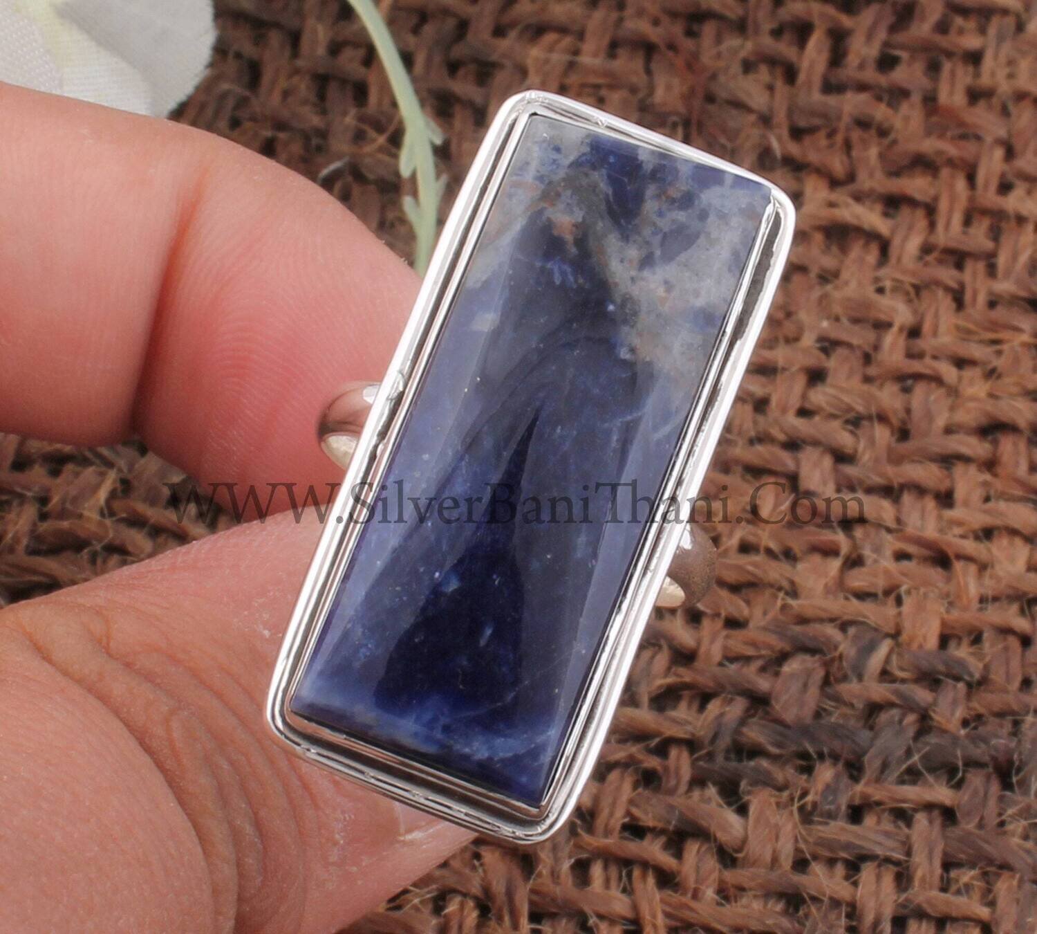 Sodalite Rectangle Bar Shape Gemstone Silver Ring | 925 Sterling Solid Silver Ring | Handmade Sodalite Bar Silver Wedding Jewelry Women Gift