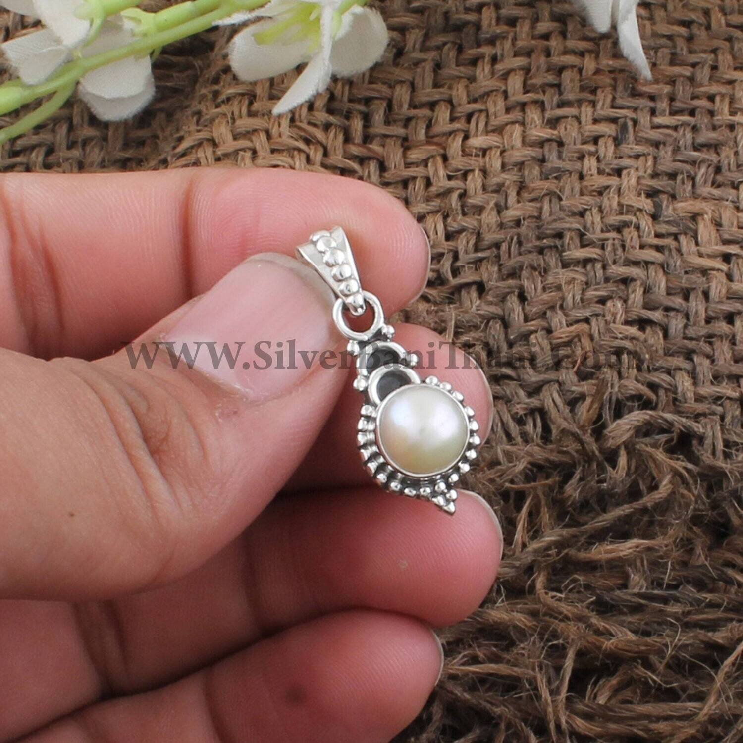 Designer Dotted Round Gemstone Necklace Pendant | 925 Sterling Silver Pearl Gemstone Pendant | Women Bridal Jewelry | Bridesmaid Gift Idea.