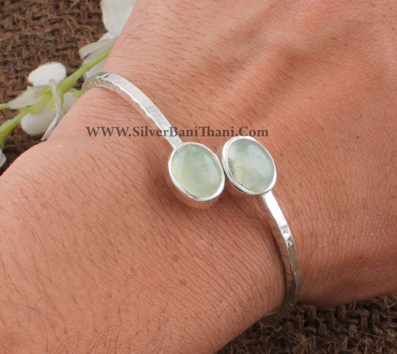 Natural Prehnite Gemstone Silver Bracelet | 925 Sterling Silver Adjustable Bracelet | Bangle Bracelet | Wedding Jewelry | Bracelet For Women