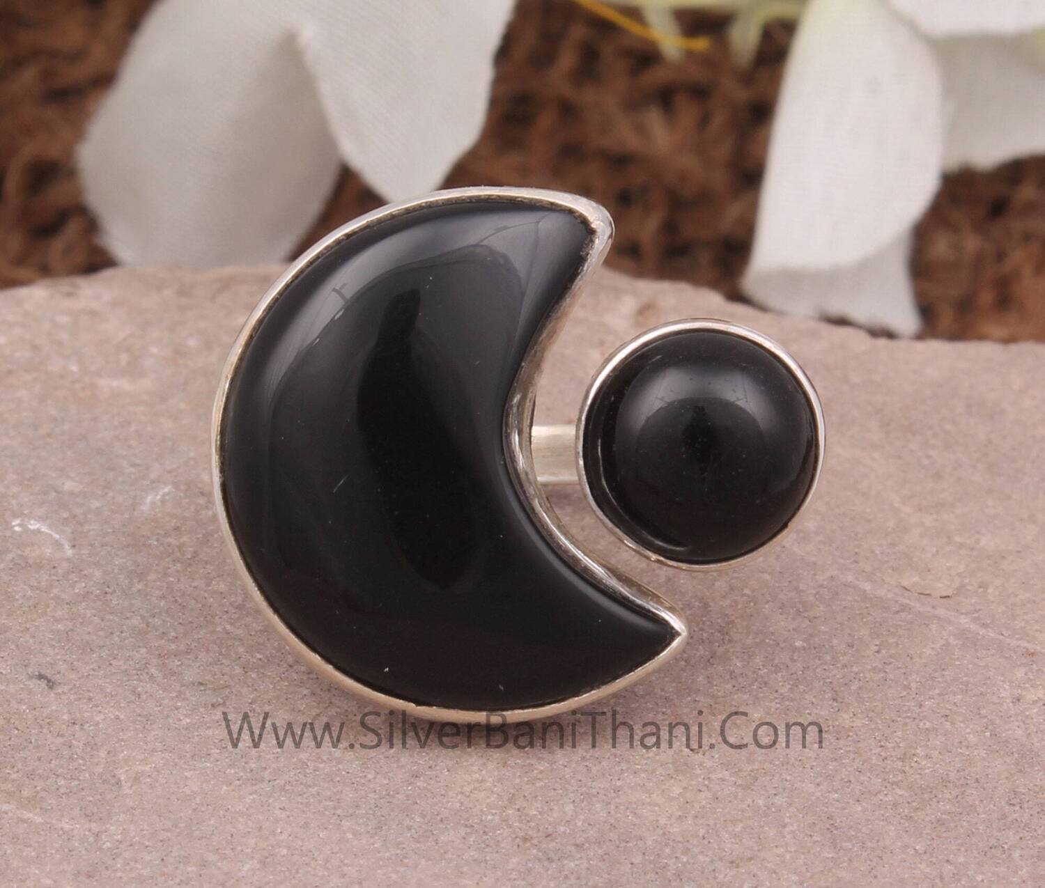 Crescent Moon  Black Onyx Solid 925 Sterling Silver Adjustable Ring For Women | Handmade Solid Silver Ring For Anniversary Gifts Idea
