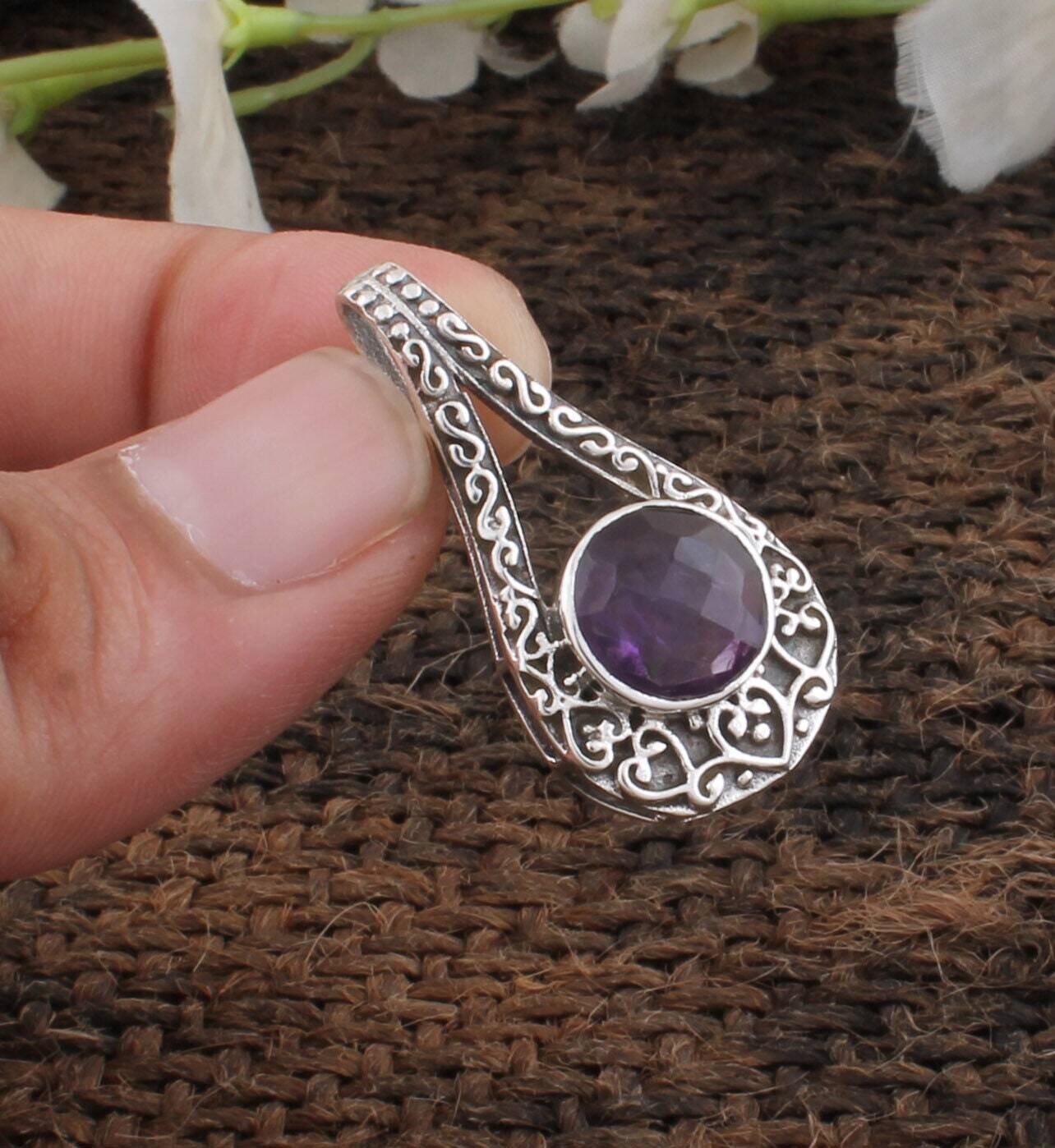 Amethyst Top Quality Gemstone Pendant-Heart Design Round Cut Stone Pendant-Teardrop Pendant-Boho Beautiful Jewelry Pendant-Fashionable-Gift