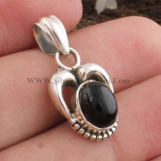 Black Onyx Gemstone Pendant-Heart Design Silver Pendant-Black Stone Cabochon Pendant-Labour Day Gift Pendant-Boho Pendant-Silveretsy Cyber