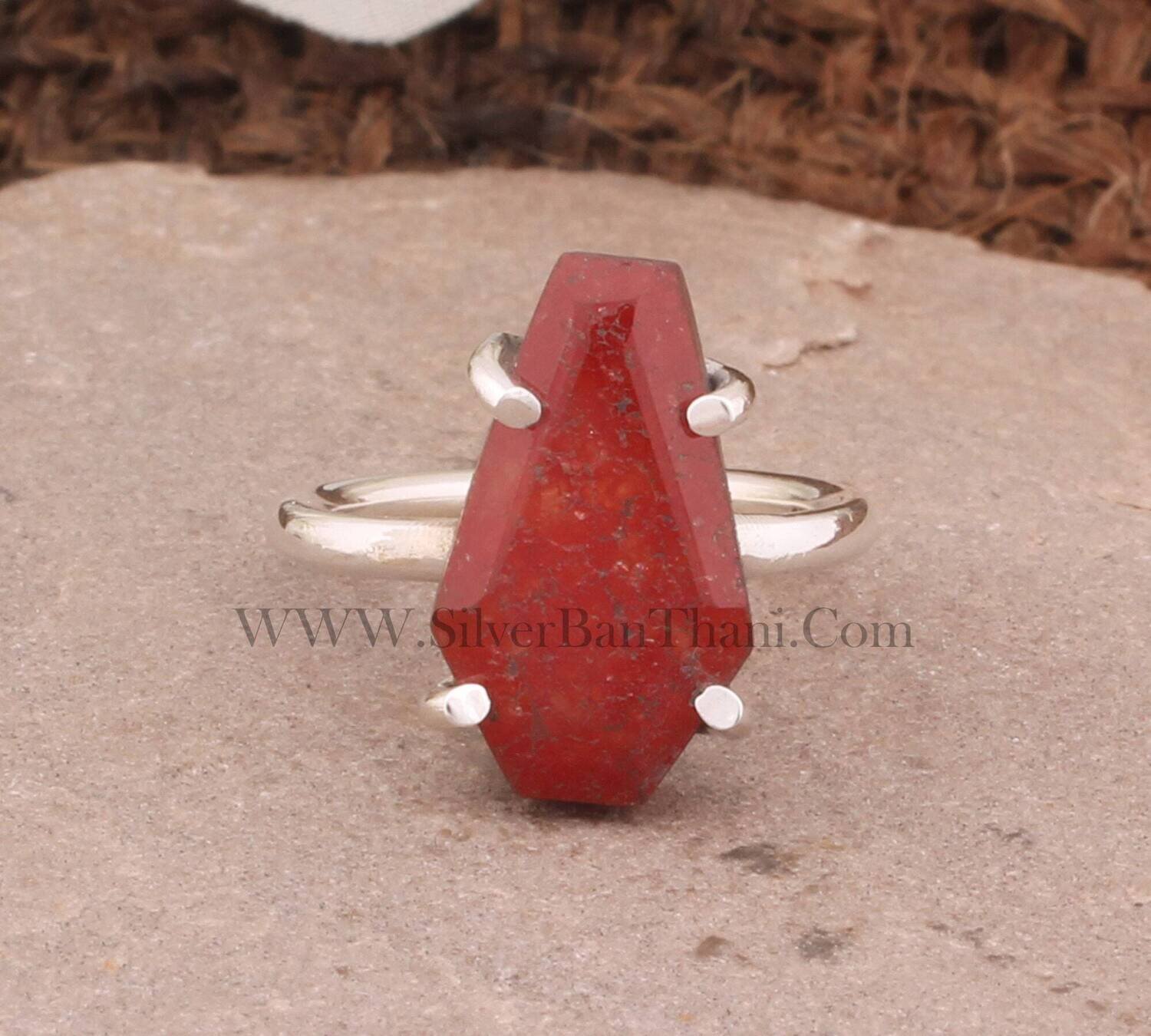 Red Jade Prong Set Coffin Shape Gemstone Ring | Solid 925 Sterling Solid Silver Ring |  | Everyday Jewelry | Prong Set Jewelry | Women Gift