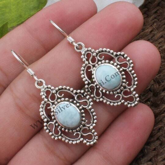 Larimar Earring-Blue Oval Cabochon Earring 925 Sterling Solid Silver Earring-Larimar Semi Precious Earring "S" Word Earring,Gift For Her2022