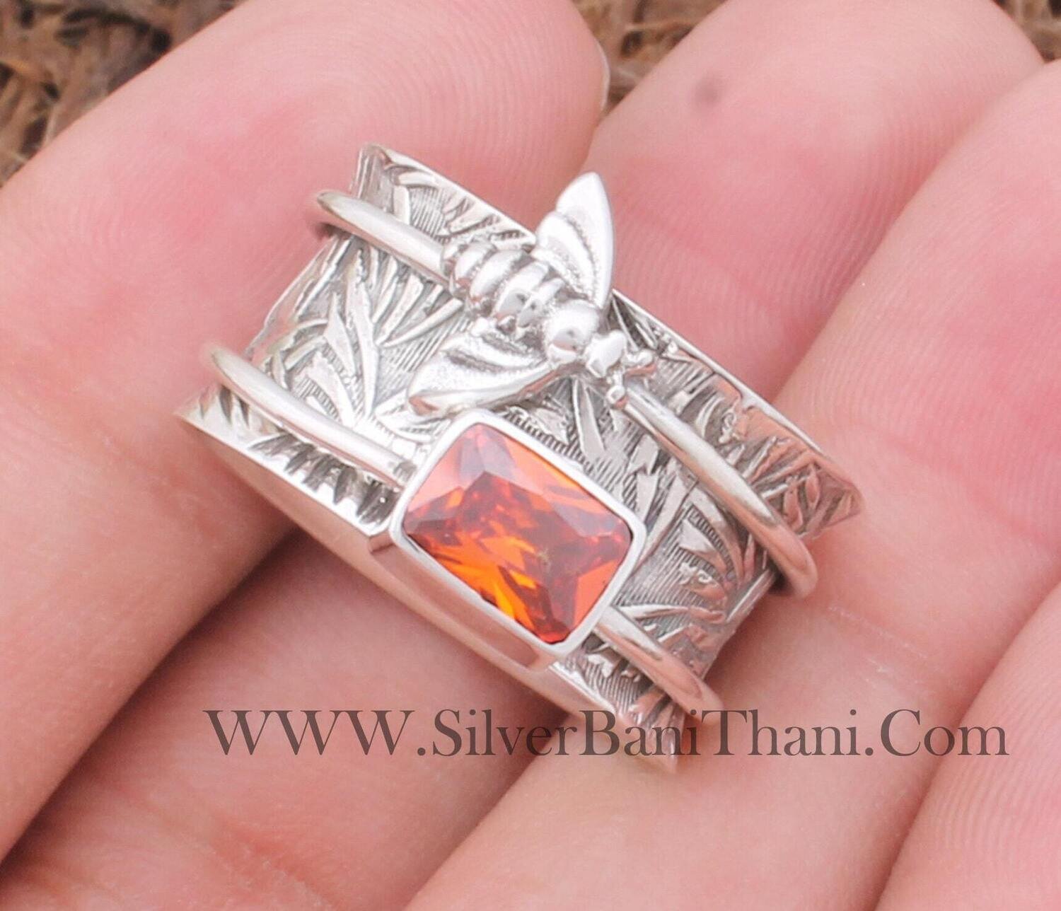 Spinner Spin Ring 925 Sterling Silver Spinning Ring Flower Silver Band Fidget Ring Stress Ring Meditation Ring Orange Zircon Honey Bee Ring