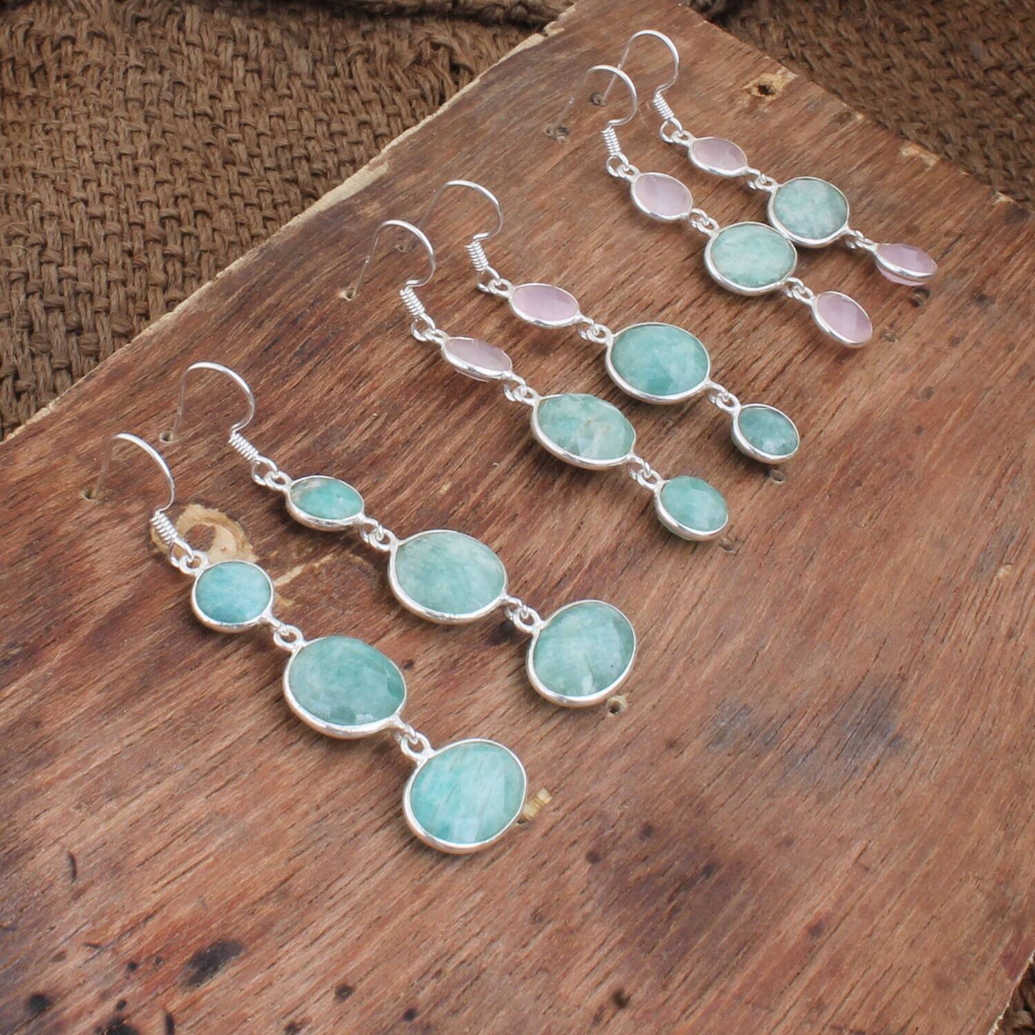 Three Stone Earring* Amazing Rose Quartz+Amazonite Gemstone Combo Earring* Long Silver Earring, Gift For Bride Earring*Solid Silver2022Etsy