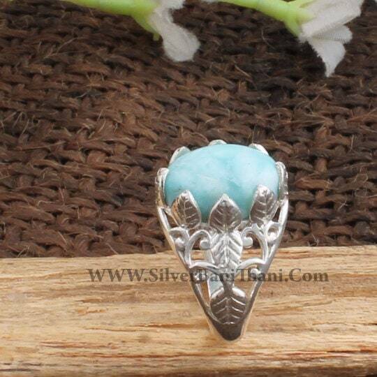 Larimar Gemstone Silver Ring | 925 Sterling Silver Oval Cabochon Stone Ring | Designer Handmade Rings | Wedding Jewelry | Gift Idea