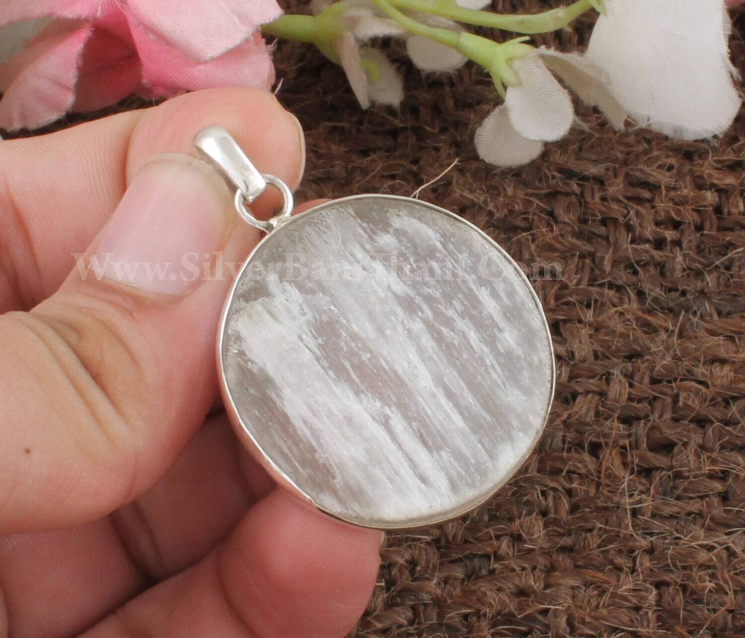 Natural Selenite Round Shape Gemstone Necklace Pendant | 925 Sterling Silver Designer Handmade Pendant | Boho Jewelry | Wedding Jewelry Gift