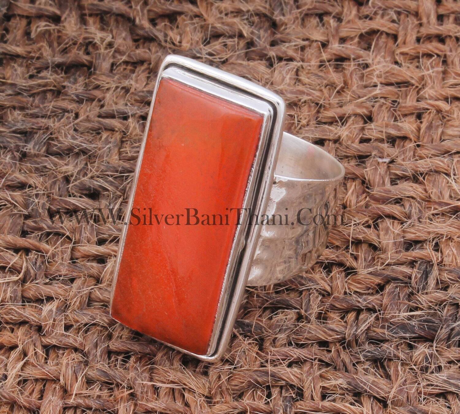 Orange Jade Long Bar Gemstone Solid 925 Sterling Silver Ring For Women, Handmade Rectangle Textured Hammered Band Ring Gift For Her Birthday