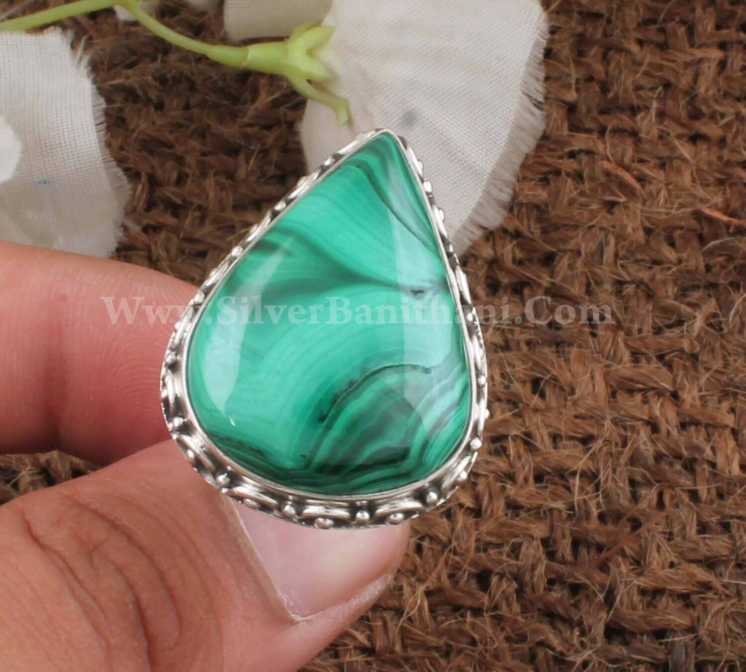 Pear Shape Malachite Gemstone Silver Ring | 925 Sterling Solid Boho Silver Pear Ring | Handmade Designer Jewelry | Anniversary Gift For Her