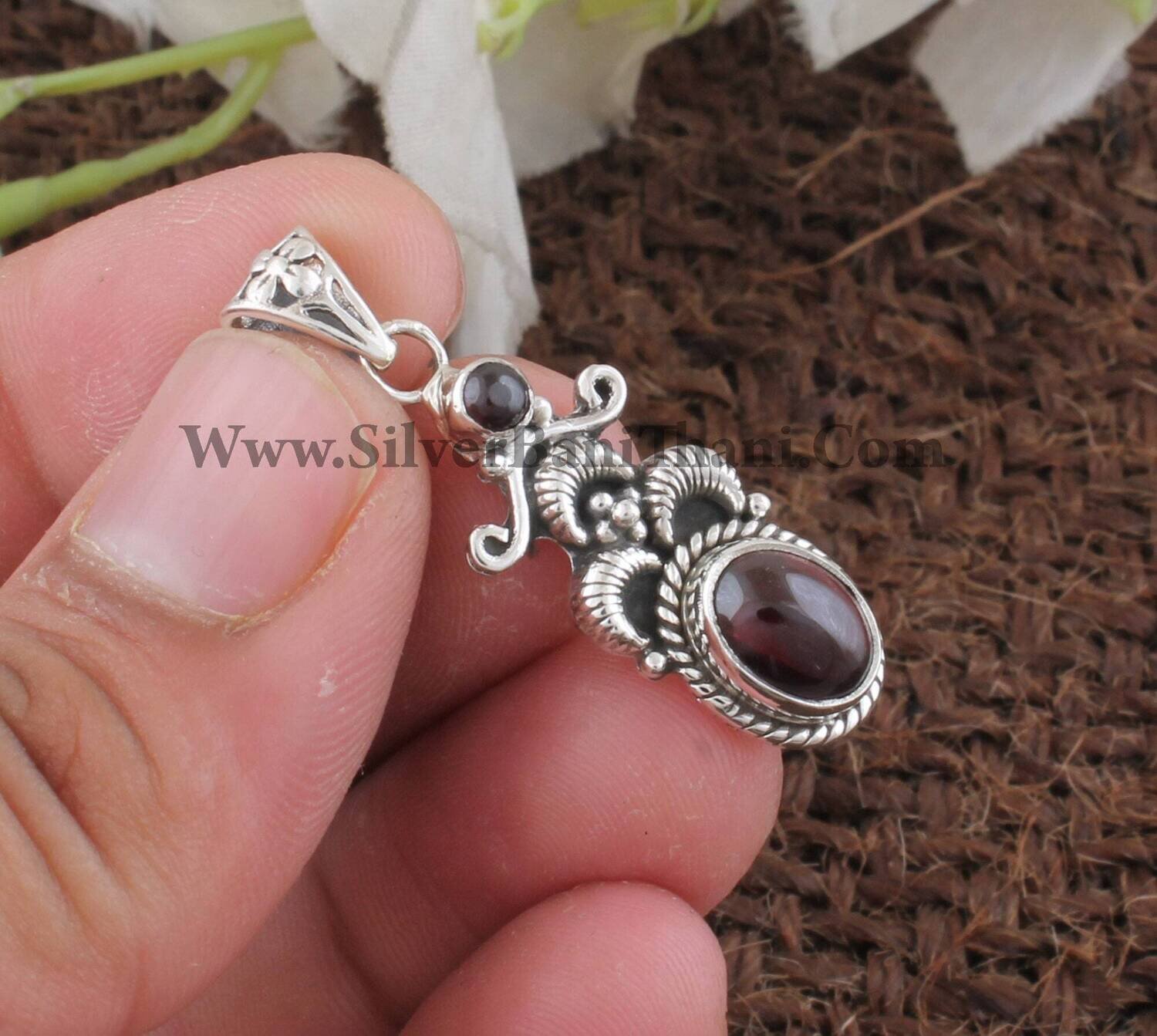 Red Garnet Gemstone Silver Necklace Pendant | Solid 925 Sterling Silver Stone Pendant | Designer Handmade Women Wedding Jewelry | Gift Idea