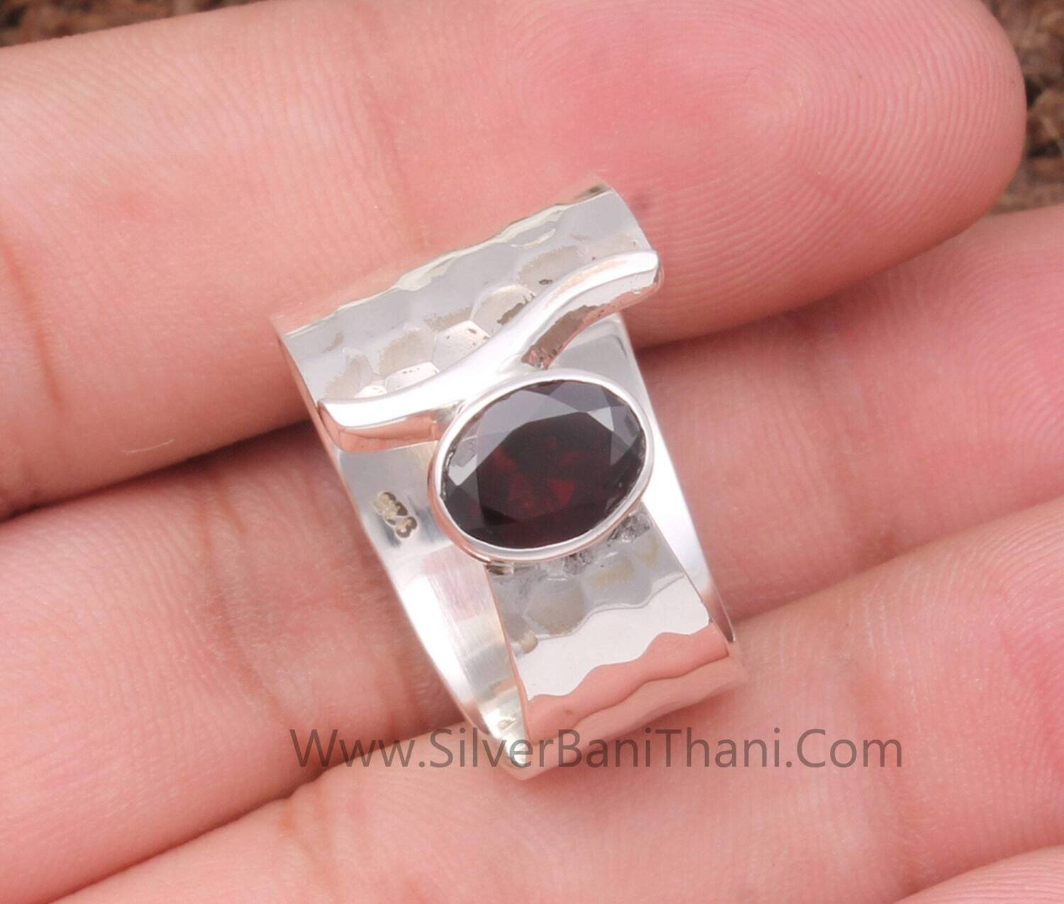 Red Garnet Solid 925 Sterling Silver Ring For Women | Handmade Oval Cut Solid Silver Fancy Hammered Band Ring For Anniversary Gifts