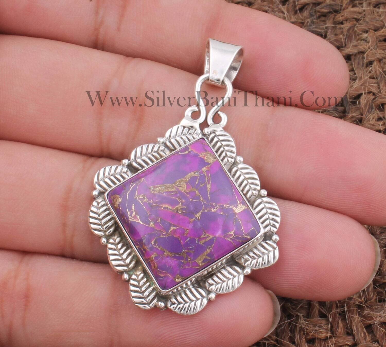 Purple Copper Turquoise Solid 925 Sterling Silver Necklace Pendant For Women | Handmade Silver Leaves Cushion Pendant Gifts For Her Birthday