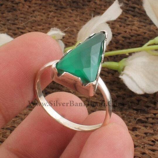 Amazing Green Onyx Silver Ring, 925 Sterling Solid Silver Ring, Semi Precious Cut Stone Silver Ring, Zig Zag Silver Ring, Gemstone Jewelry