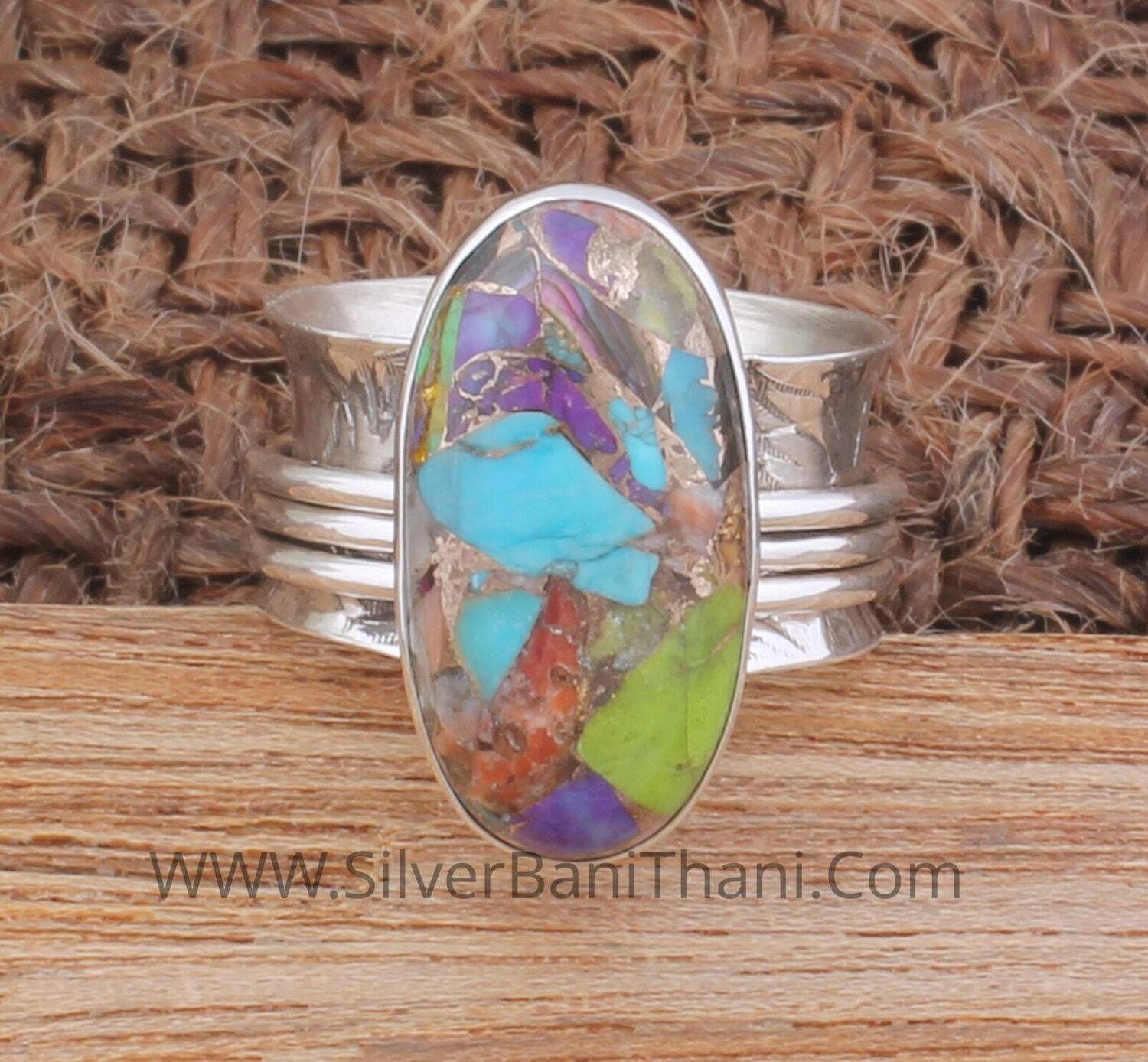 Mix Copper Turquoise Gemstone 925 Sterling Silver Spinner Ring Anxiety Ring Fidget Ring Boho Worry Ring Thumb Silver Ring Gift For Women