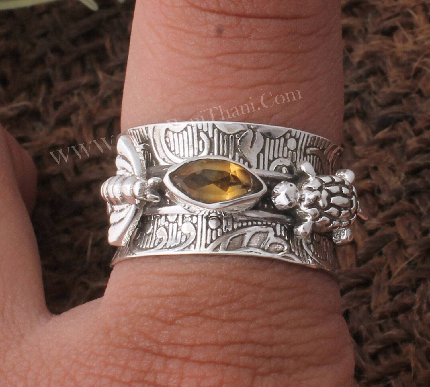 Smoky Quartz Gemstone Silver Spinner Ring | 925 Sterling Silver Ring | Designer Hand Carved Honey Bee &amp; Turtle Silver Ring Gift Idea