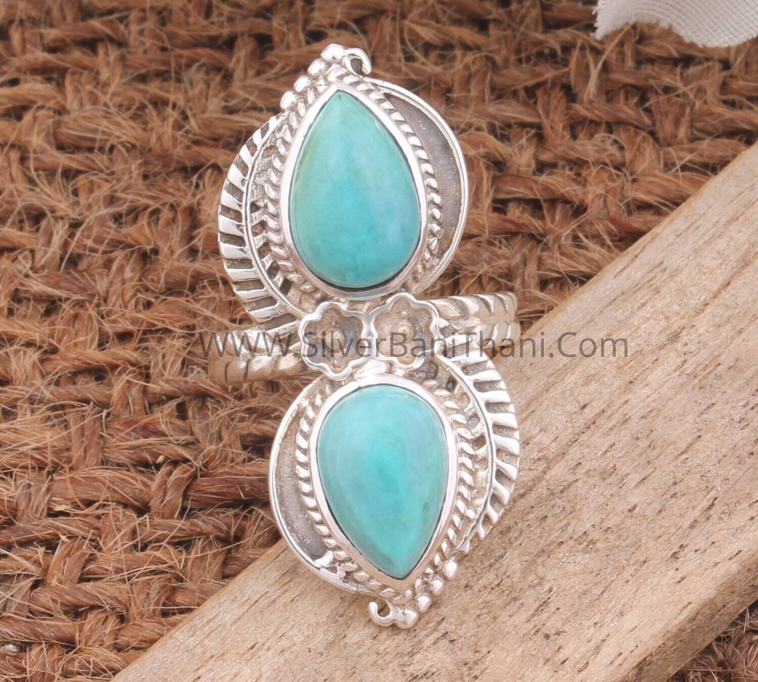 Turquoise Gemstone Silver Ring | 925 Sterling Silver Two Pear Shape Stone Ring | Handmade Carved Leaves Silver Ring | Wedding Jewelry Gift