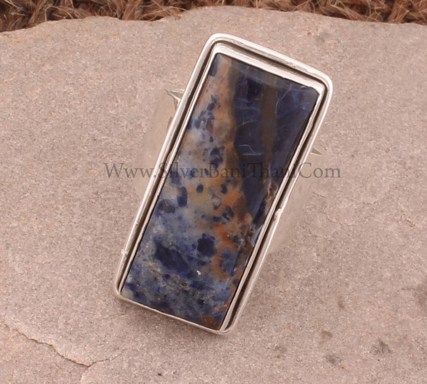 Sodalite Bar Gemstone Silver Ring 925 Sterling Silver Ring Hammered Band Ring Gemstone Ring Silver Band Ring Birthday Jewelry Gift For Women