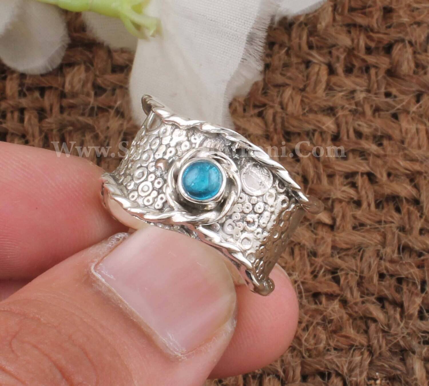 Rope  Blue Topaz Silver Gemstone Band Ring | 925 Sterling Silver Round Shape Stone Ring | Wire Design Ring | Engraved Band Ring Gift