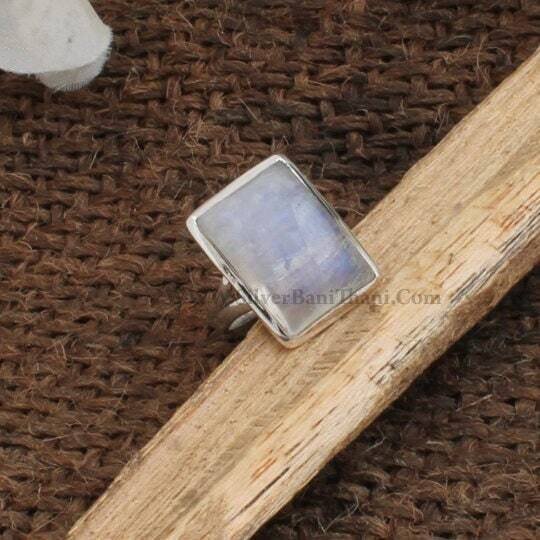 Rainbow Moonstone Silver Ring, 925 Sterling Silver Ring, Baguette Shape Cabochon Ring, Blue Fire Stone Ring, Anniversary Gift, Etsy Cyber