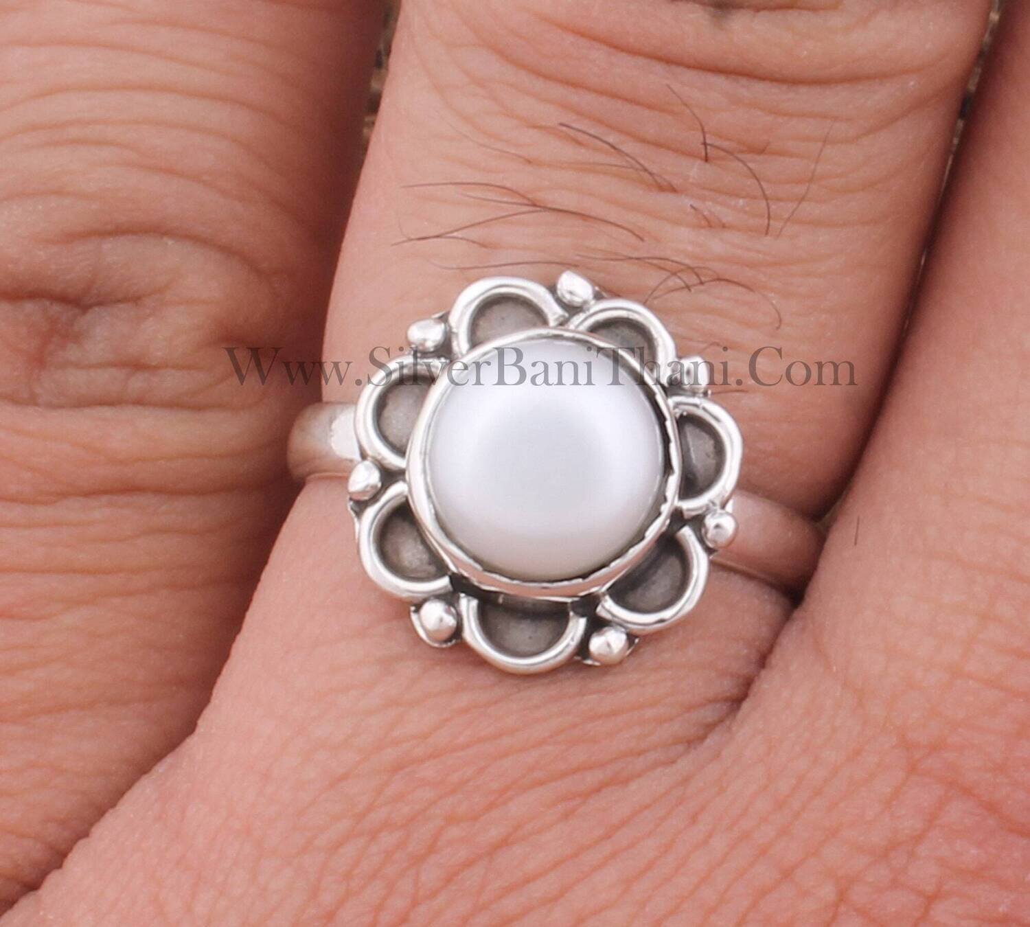 925 Sterling Solid Silver Pearl Silver Ring | Handmade Round Shape Gemstone Ring | Bridal Wedding Rings | Women Silver Flower Jewelry Gift