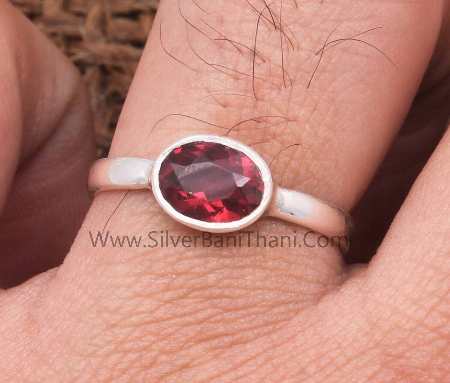 Red Garnet Solid 925 Sterling Silver Ring For Women | Handmade Oval Cut Solid Silver Band Ring For Wedding Anniversary Gifts Idea