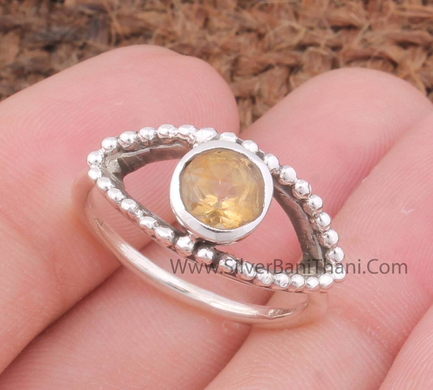 Citrine Gemstone Silver Ring | 925 Sterling Silver Evil Eye Ring | Handmade Round Stone Eye Ring Women Wedding Jewelry Gift For Her