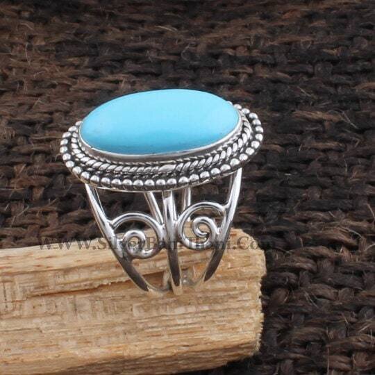 Lovely Turquoise Ring-Baguette Stone Cabochon Ring-Triple Band Ring-Statement Ring-Blue Stone Ring-Designer Silver Ring-Opaque Gemstone Ring