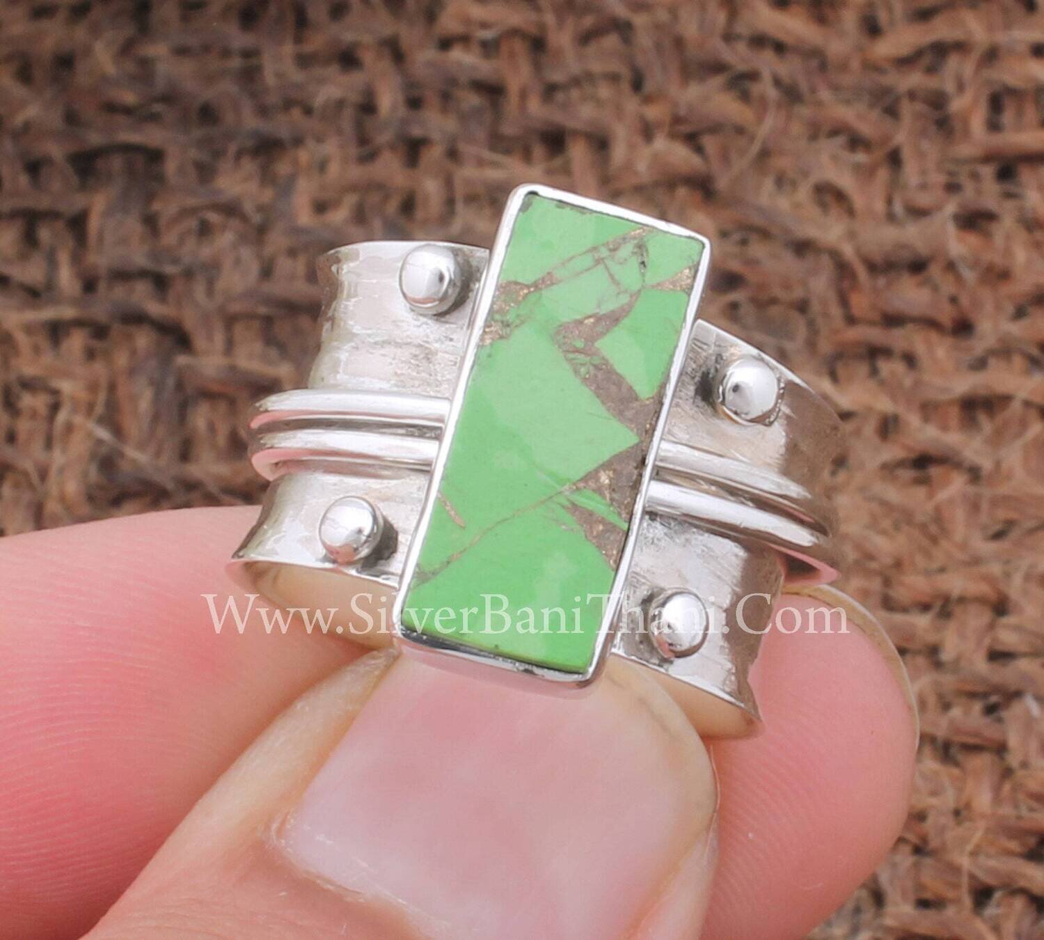 Green Copper Turquoise Rectangle Bar Gemstone Silver Spinner Ring 925 Sterling Silver Smooth Fidget Ring Boho Worry Silver Spinner Ring Gift