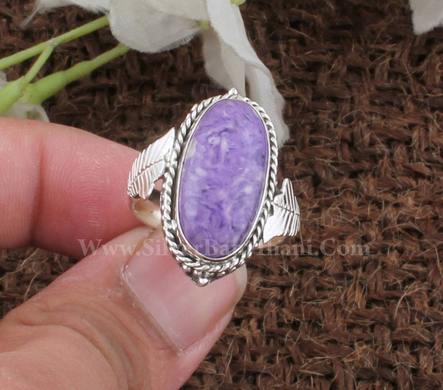 Charoite Gemstone Silver Ring | 925 Sterling Silver Smooth Oval Shape Stone Ring | Designer Handmade Women Silver Jewelry Mother's Day Gift