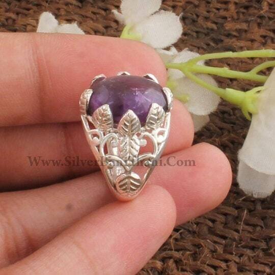 Amethyst Ring* Semi Precious Oval Stone Ring* leaf Design Silver Ring* Woman Gift Ring* Purple Stone Ring* Gemstone Jewelry* Gift For Her