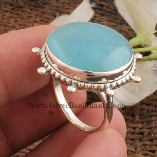 Blue Calci Gemstone Ring - Semi Precious Cabochon Stone Ring - Floral Design Ring - Best Gift For Women's And Girl's - Authentic2022
