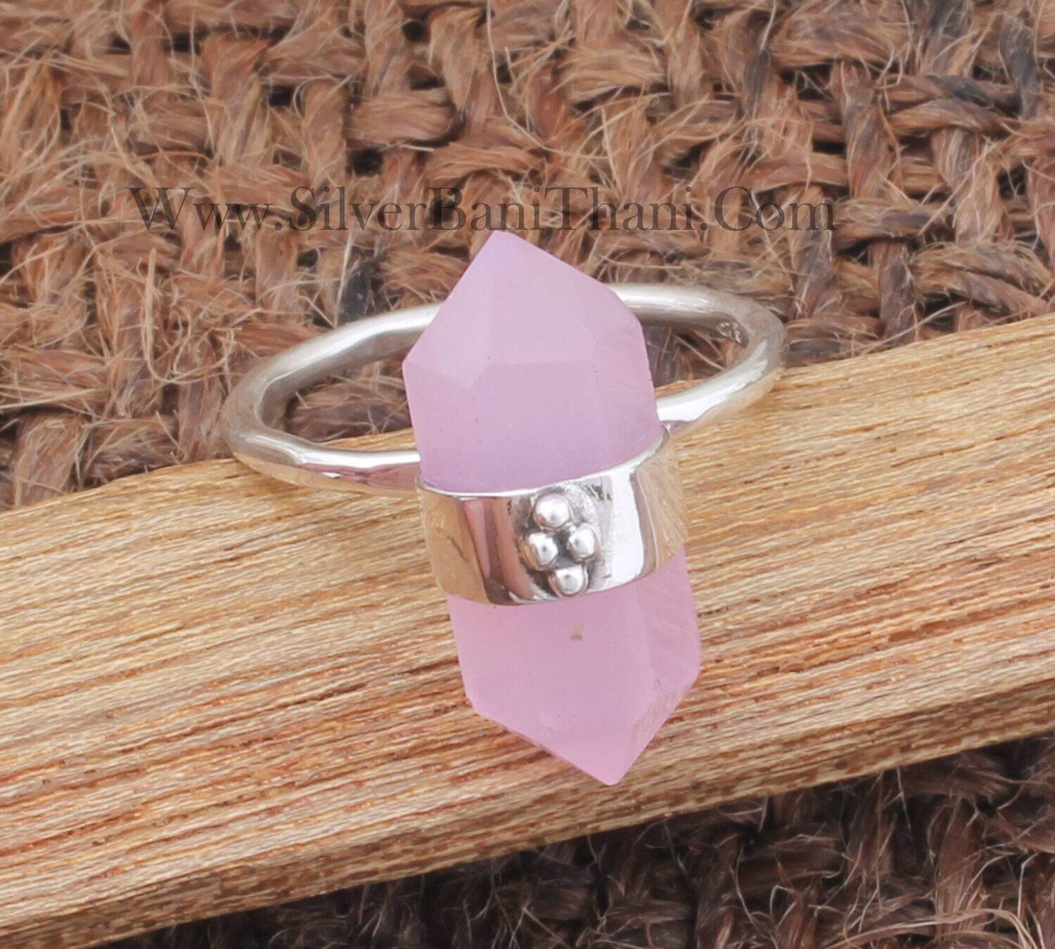 Pencil Pink Chalcedony Gemstone Silver Ring | 925 Sterling Solid Silver Ring | Handmade Dotted Silver Rings | Women's Ring Birthday Gifts