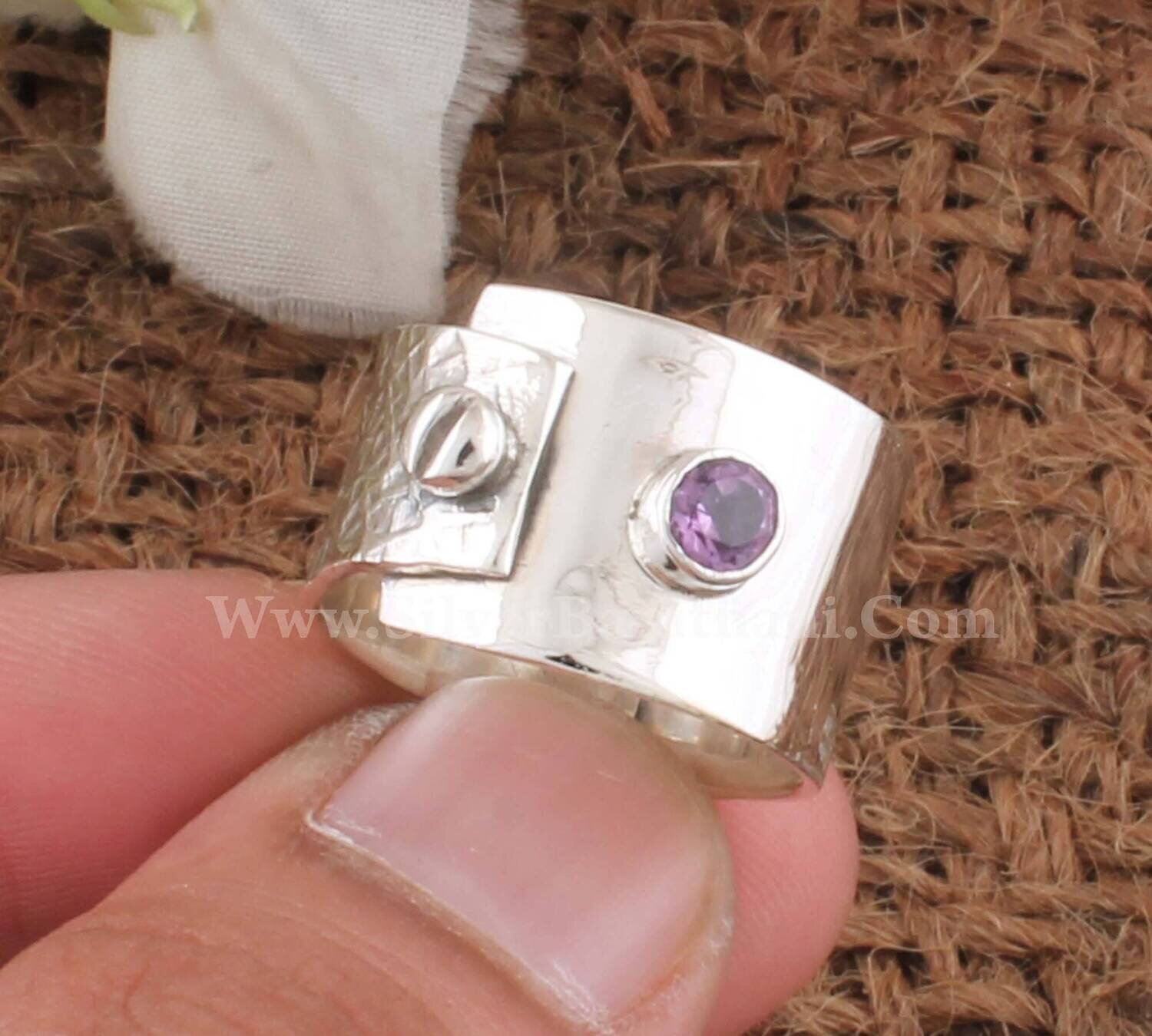 Hammered  Amethyst Silver Gemstone Band Ring | 925 Sterling Silver Round Shape Stone Ring | Handmade Engraved Silver Band Ring Gift