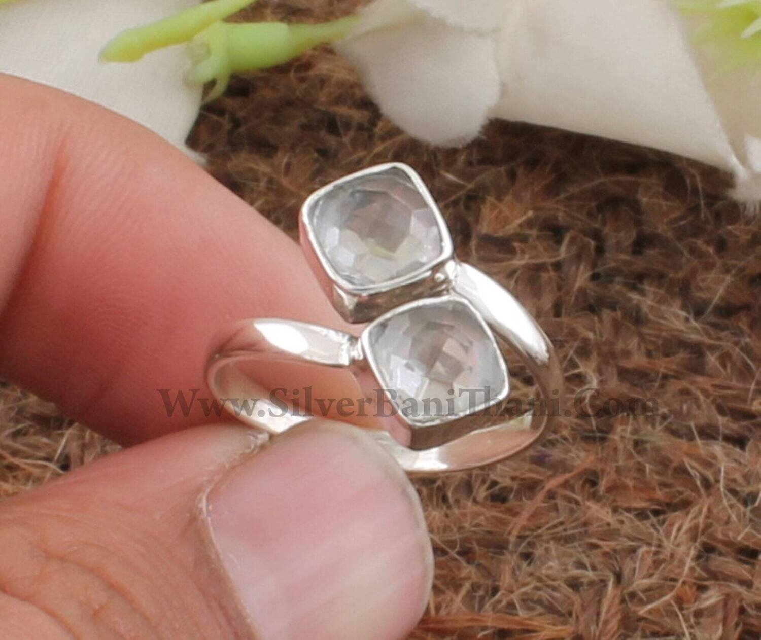 Natural Crystal Quartz Adjustable Silver Ring | 925 Sterling Solid Silver Ring | Two Cushion Shape Gemstone Ring | Wedding Jewelry Gift Idea