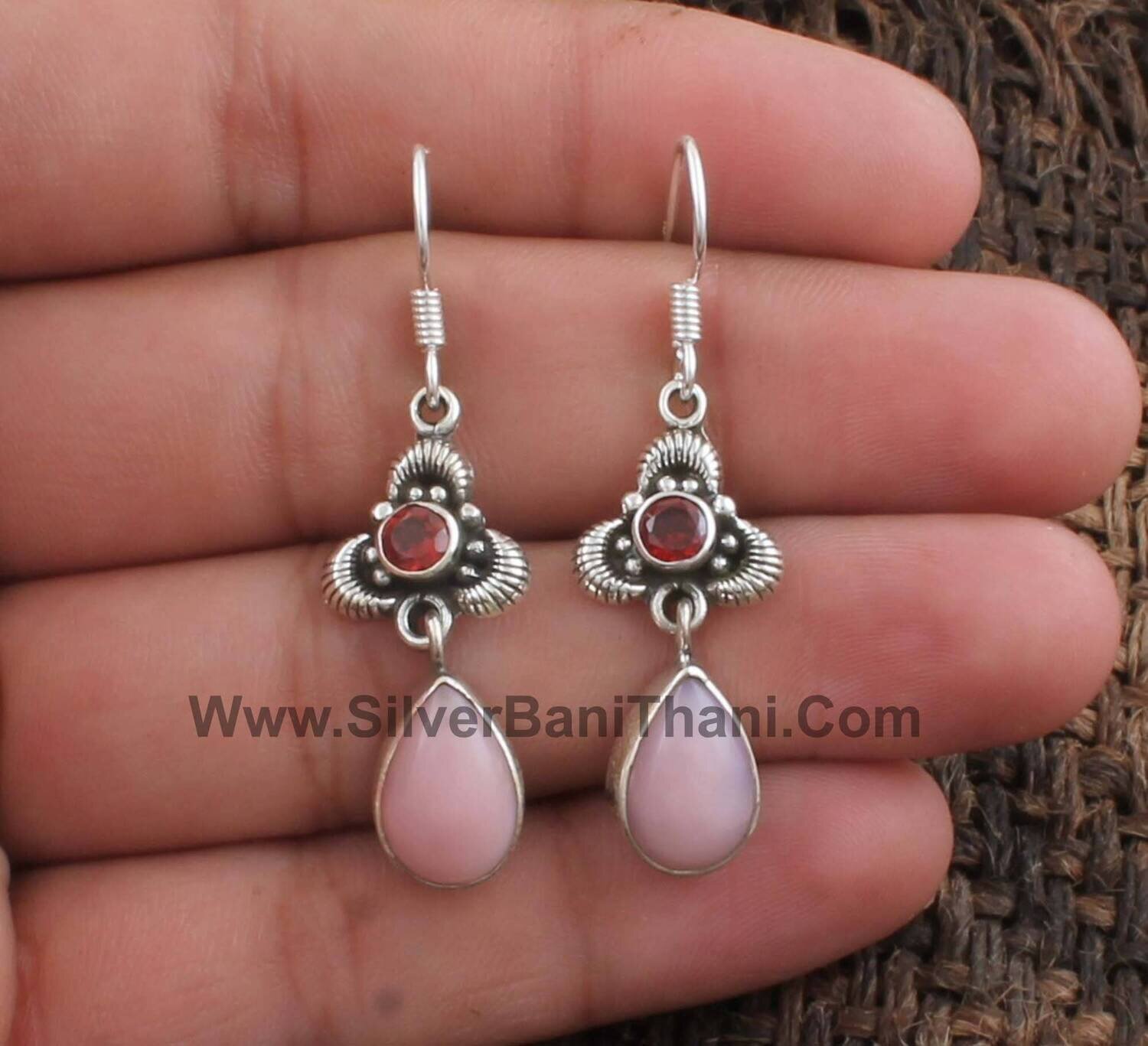 Pink Opal & Red Garnet Silver Earrings | 925 Sterling Solid Silver Earrings | Designer Two Stone Earrings | Women Wedding Jewelry Gift Idea