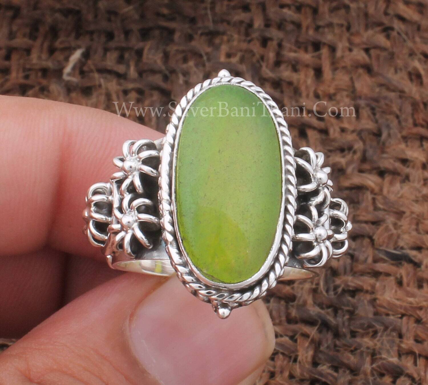Green Jade Long Oval Gemstone Solid 925 Sterling Silver Ring For Women Handmade Flower Silver Wide Band Ring Gift Idea For Her Birthday Ring