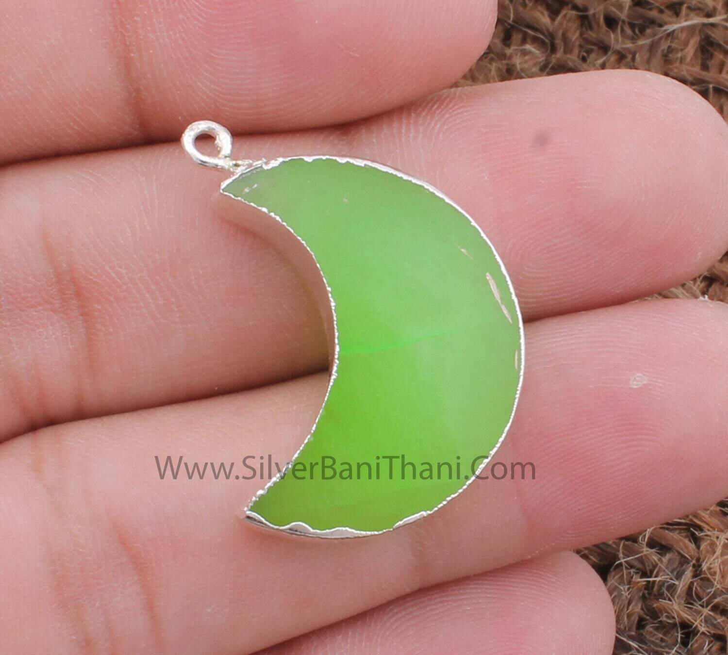 Green Jade Crescent Moon Gemstone Pendant | 925 Silver Electroplated Single Loop Green Jade Gemstone Connector | DIY Jewelry Making Supply