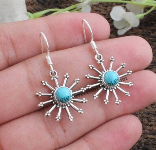 Star Design Turquoise Earring-Blue Oval Cabochon Earring-Solid Silver Earring-Designer Jewelry Gemstone Earring-Layering Jewelry-Rustic-Etsy