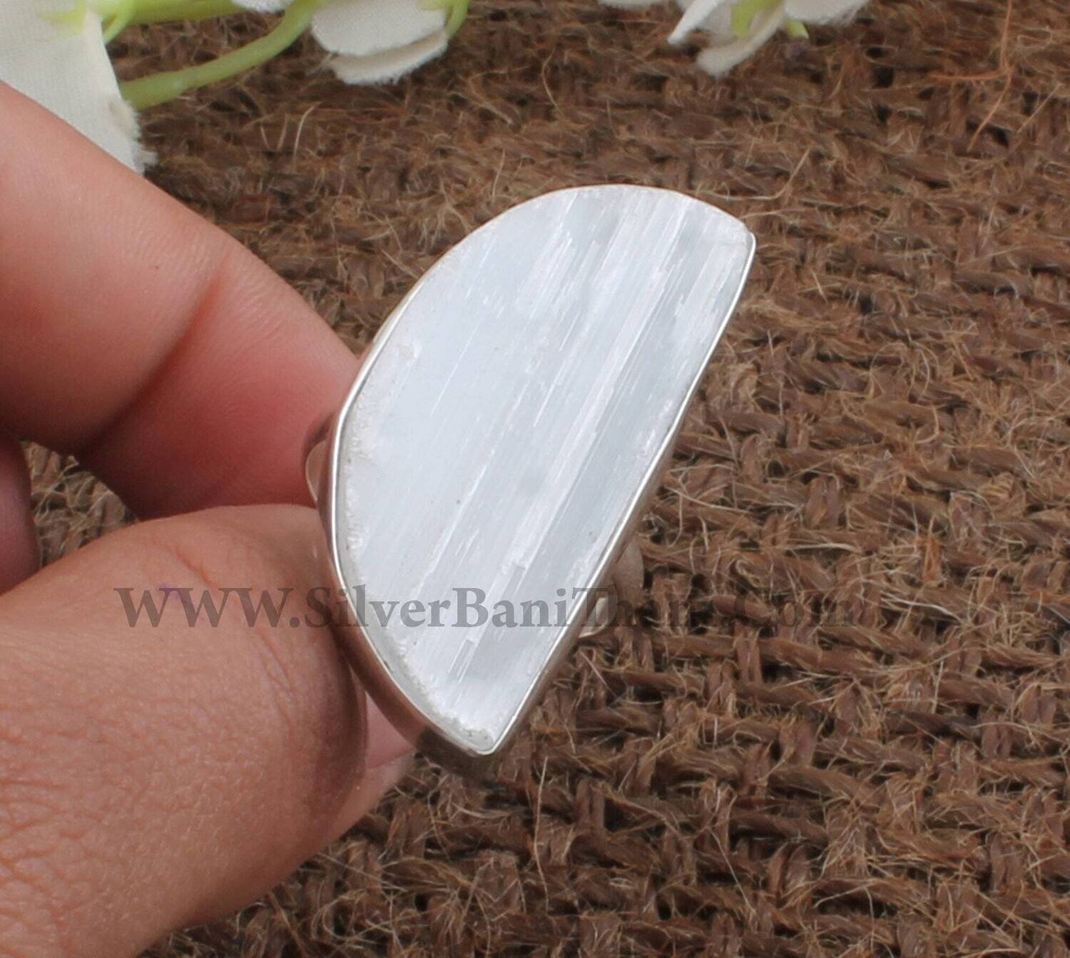 Designer Half Moon Shape Gemstone Silver Ring | 925 Sterling Silver  Selenite Gemstone Ring | Handmade Women Wedding Jewelry | Gift