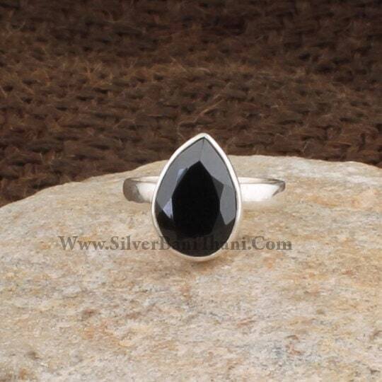 Black Onyx Faceted Cut Gemstone Silver Ring | Solid 925 Sterling Silver Pear Shape Stone Ring | Handmade Wedding Jewelry | Women Gift Idea