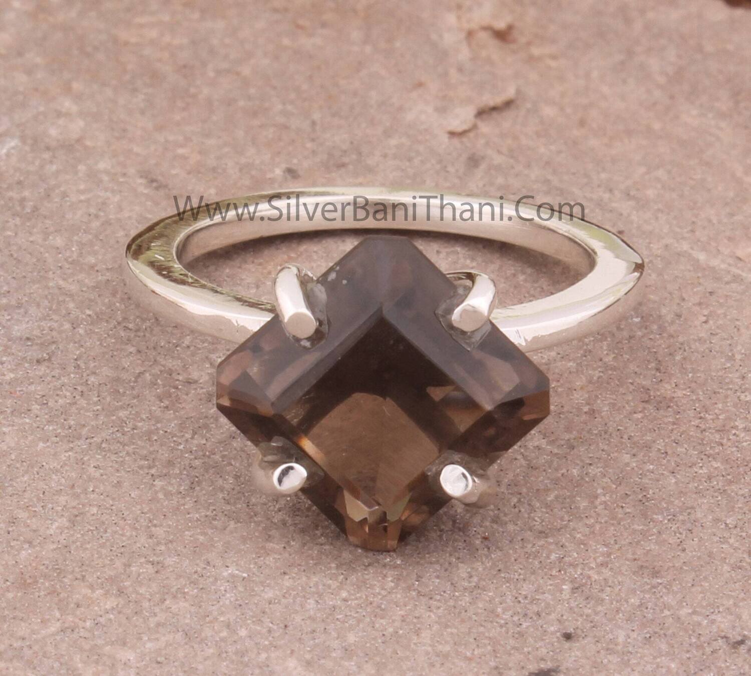 Prong Set Smoky Quartz Solid 925 Sterling Silver Ring For Women | Handmade Squire Cut Solid Silver Ring For Wedding Anniversary Gift For Her