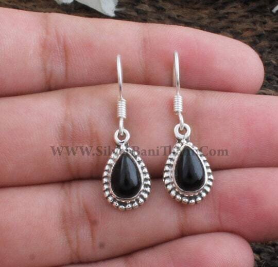 Solid Silver Earring-Black Onyx Earring-Pear Shape Cabochon Stone Earring-Black Stone Earring-Personalized Gift-Anniversary-Modern-Anxiety