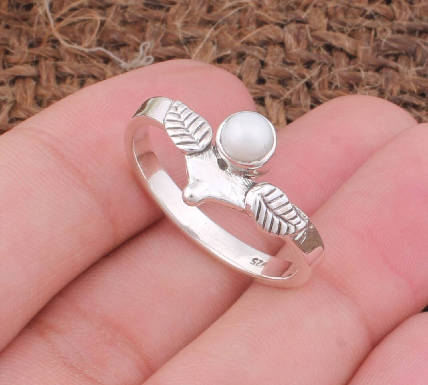 Pearl Gemstone Silver Ring | 925 Sterling Silver Round Smooth Gemstone Ring | Engraved Hand Carved Leaves Women Silver Jewelry For Gift Idea