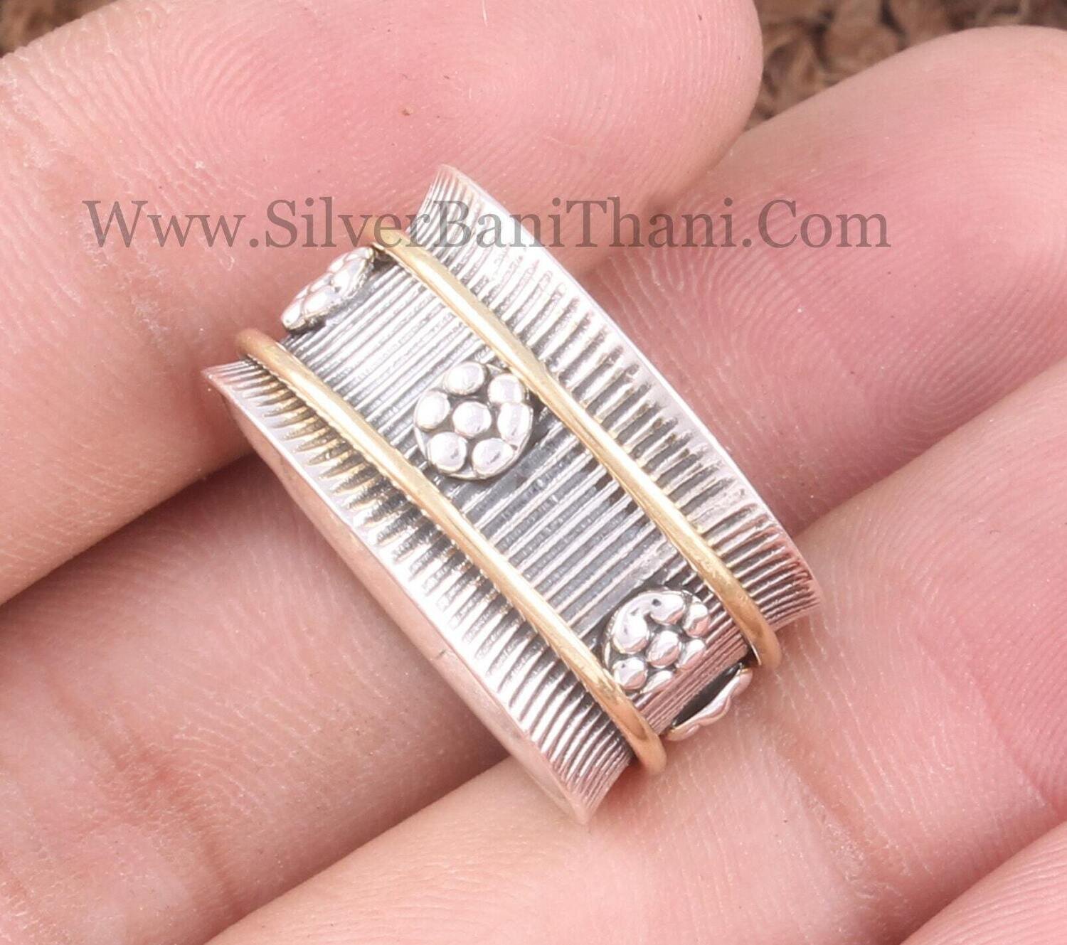 Flower Textured Band Solid 925 Sterling Silver Wide Band Spinner Ring For Women | Handmade Two Tone Fidget Anxiety Ring For Anniversary Gift