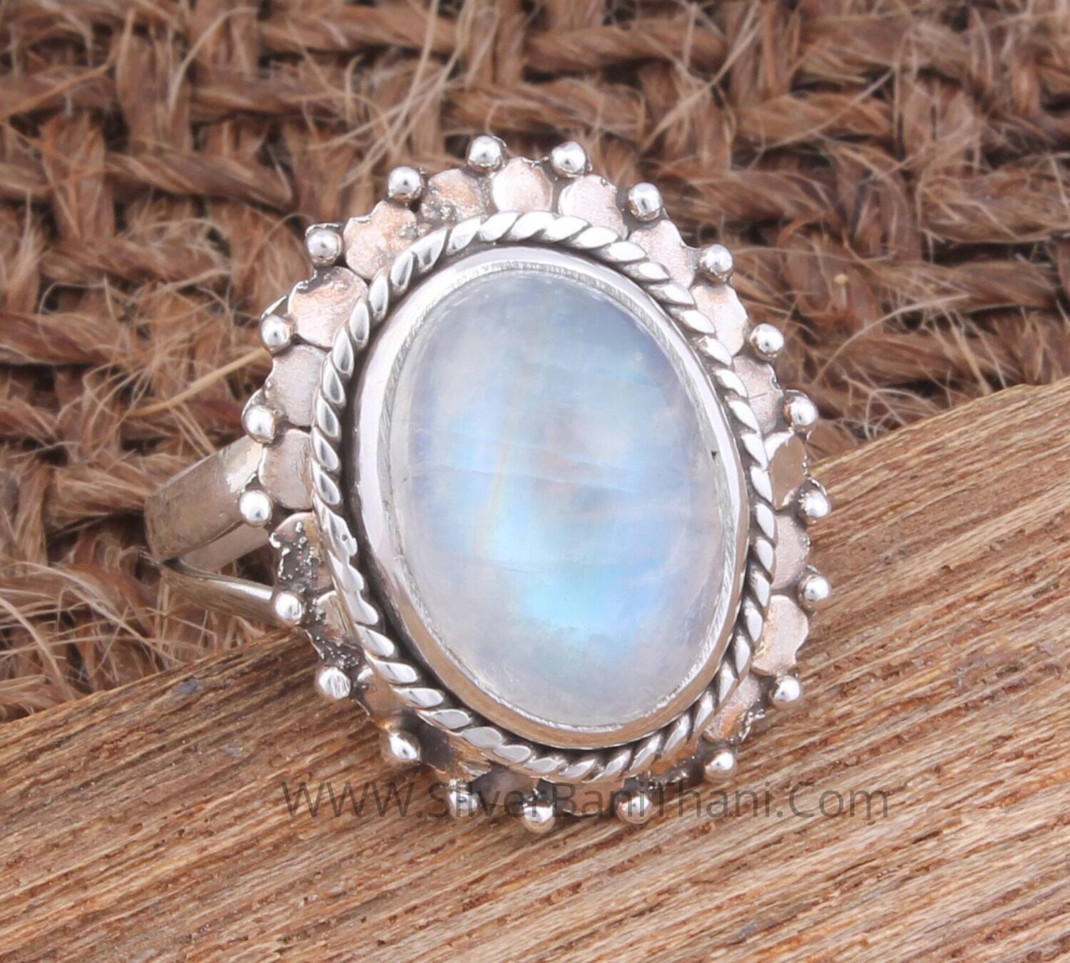 Rainbow Moonstone Oval Shape Gemstone Silver Ring 925 Sterling Solid Boho Silver Ring Twisted Wire Silver Ring Dotted Silver Ring For Women