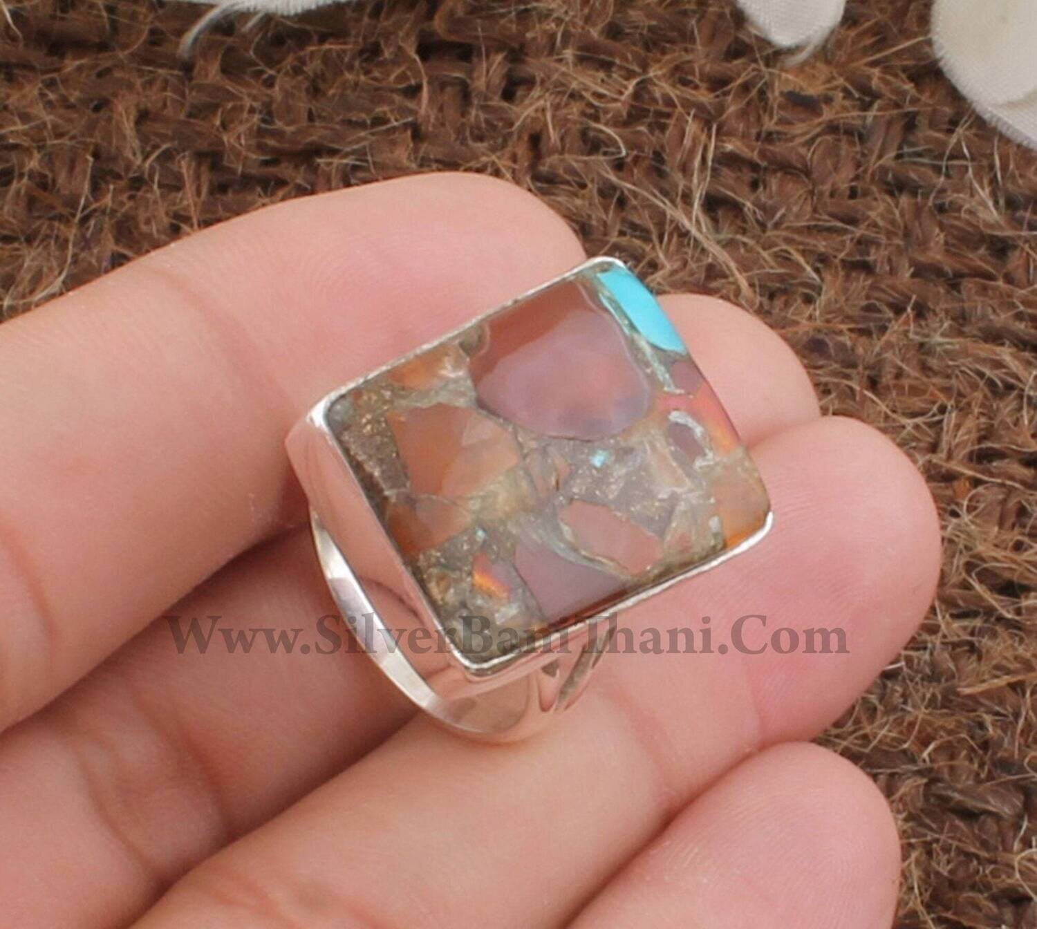 Composite Turquoise Gemstone Silver Ring | 925 Sterling Silver Rectangle Shape Stone Ring | Designer Handmade Ring | Wedding Jewelry | Gift