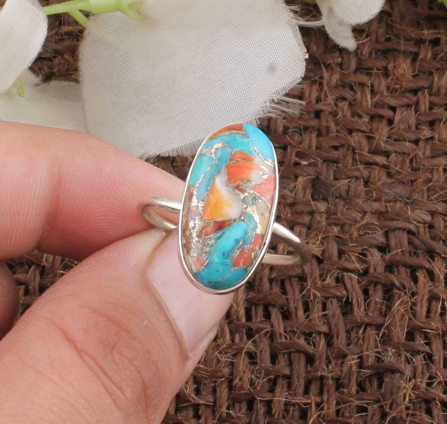 Oyster Copper Turquoise Oval Shape Gemstone Silver Ring | 925 Sterling Solid Silver Ring | Handmade Boho Everyday Jewelry For Women Gift2022