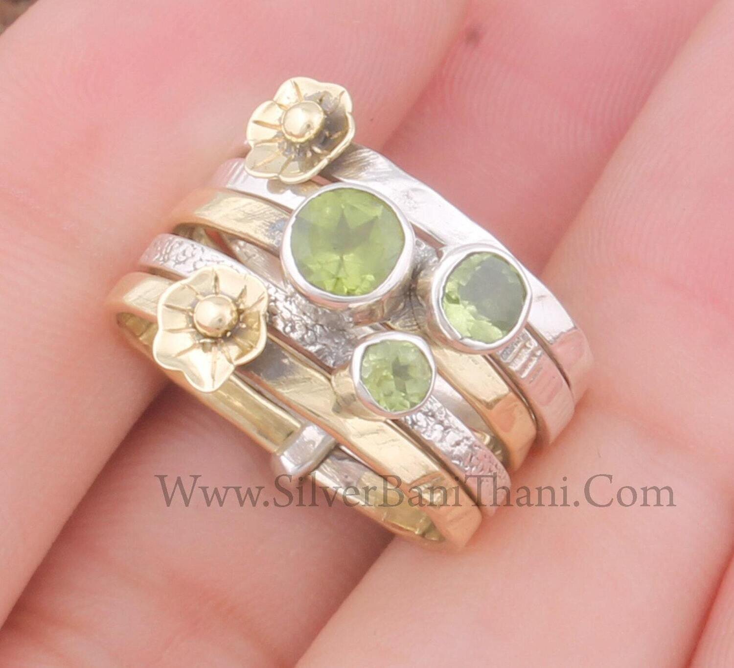 Peridot Silver Spinner Ring 925 Sterling Silver &amp; Brass Peridot Spinner Ring Handmade Flower Band Ring Textured Band Ring Boho Thumb Rings